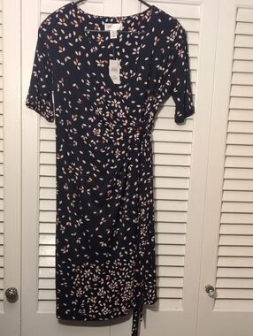 Motherhood Navy Wrap Midi Dress with Pink and Cream Leaf Print